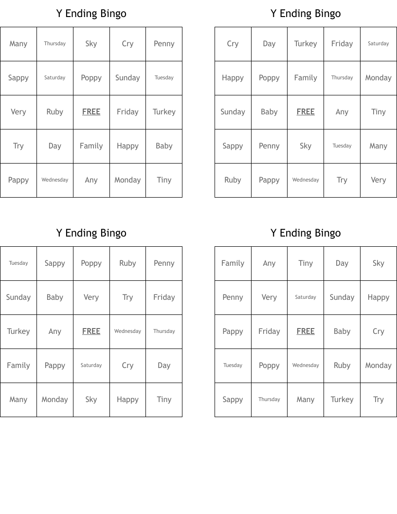 Y Ending Bingo