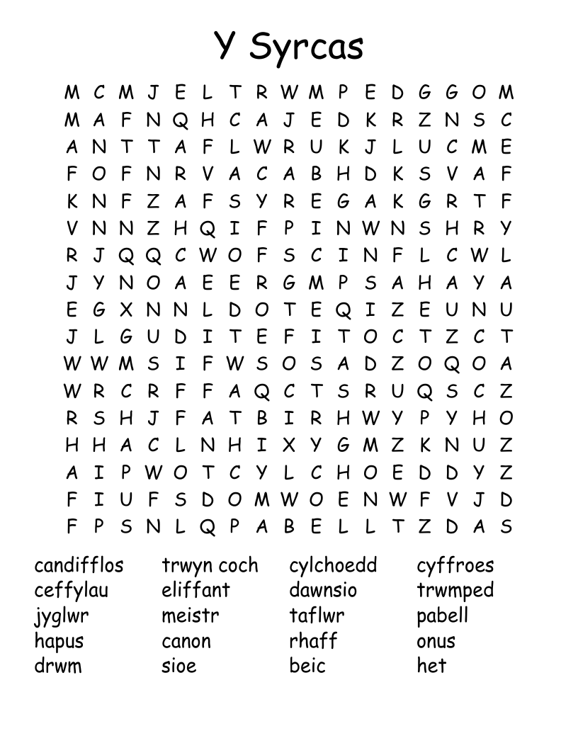 Y Syrcas Word Search