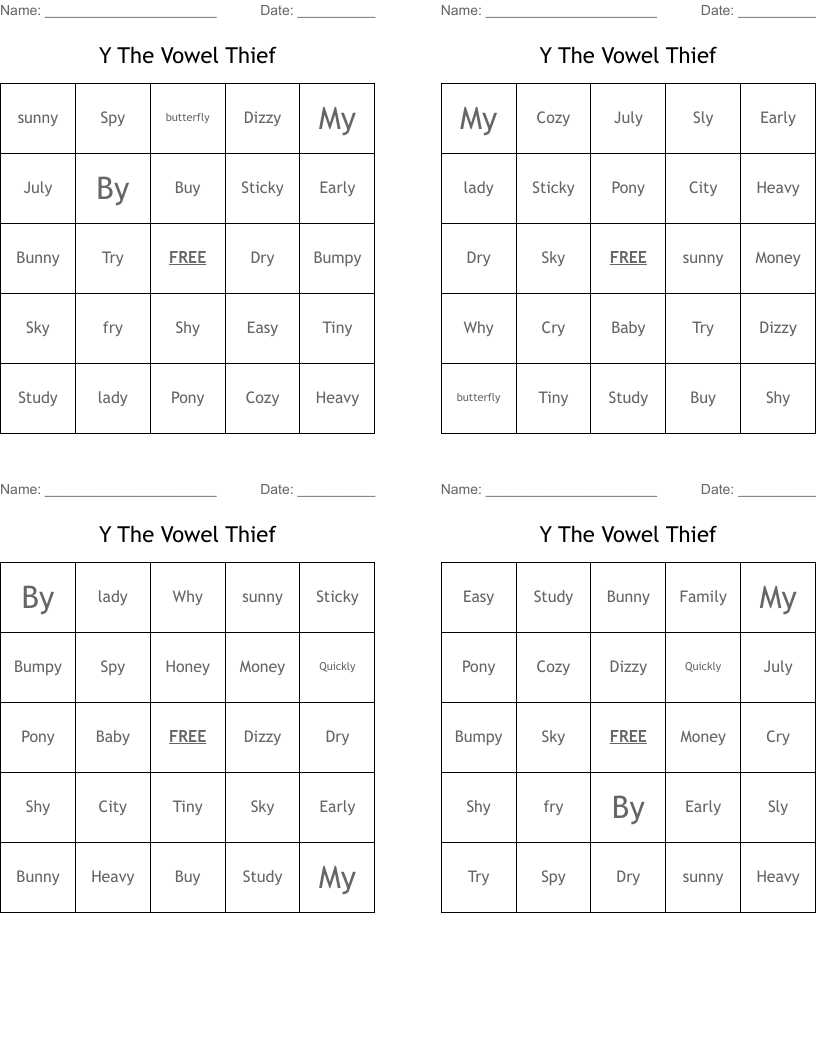 Y The Vowel Thief Bingo Cards