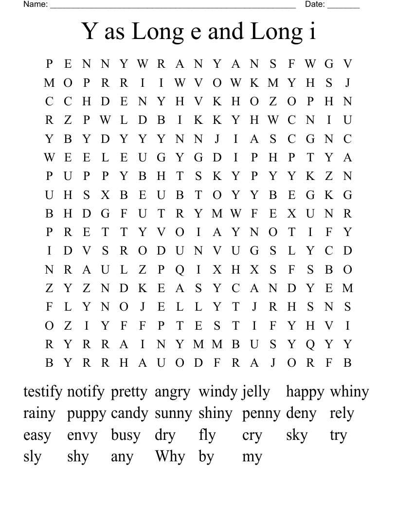 Y as Long e and Long i Word Search