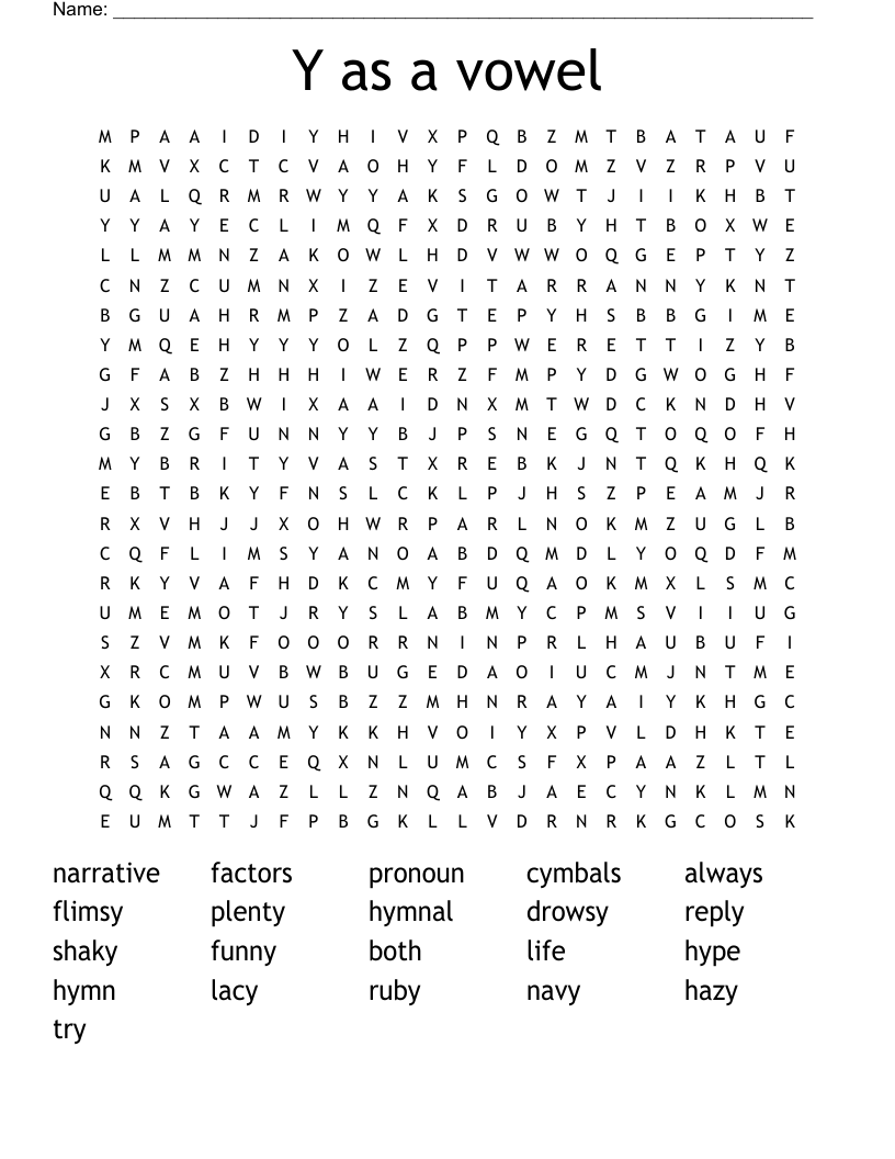 Y as a vowel Word Search
