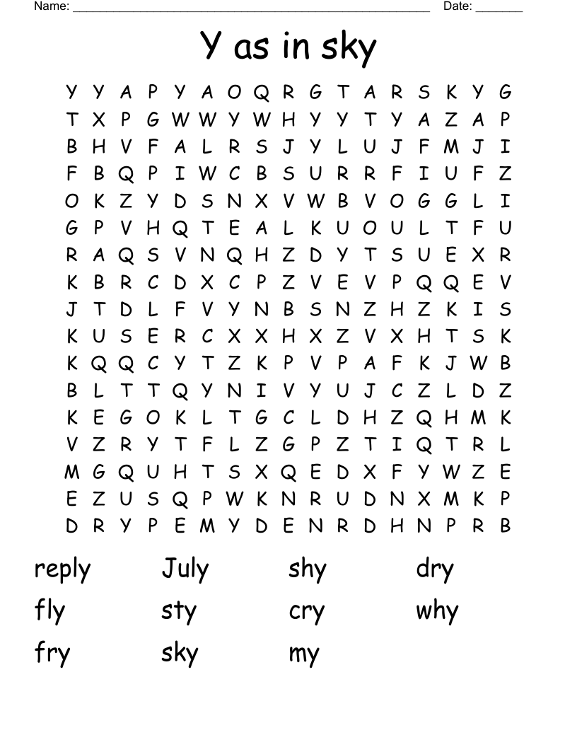 Y as in sky Word Search