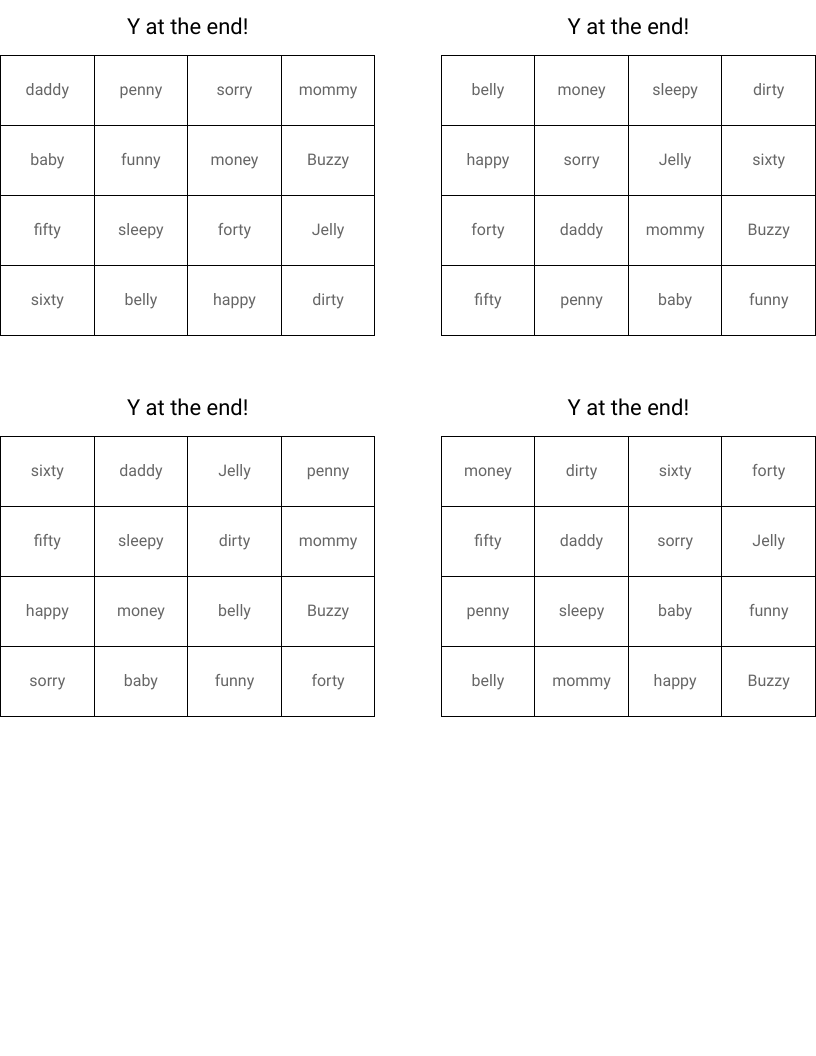 Y at the end! Bingo Cards