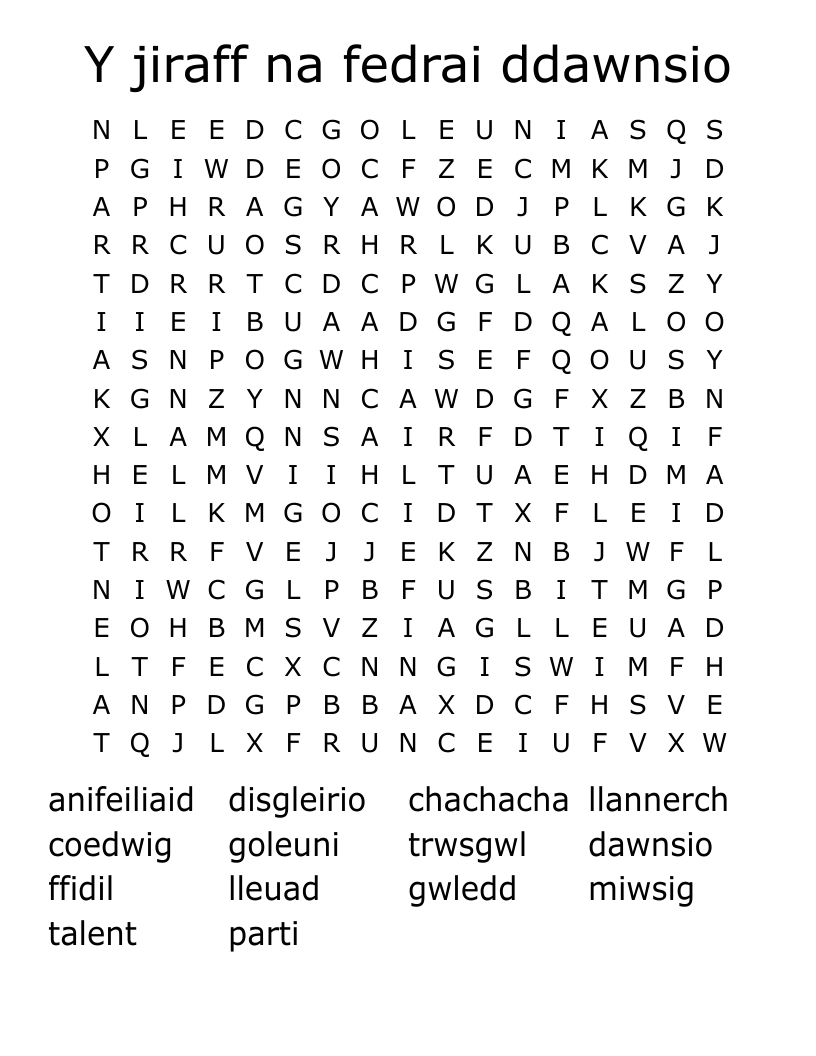 Y jiraff na fedrai ddawnsio Word Search
