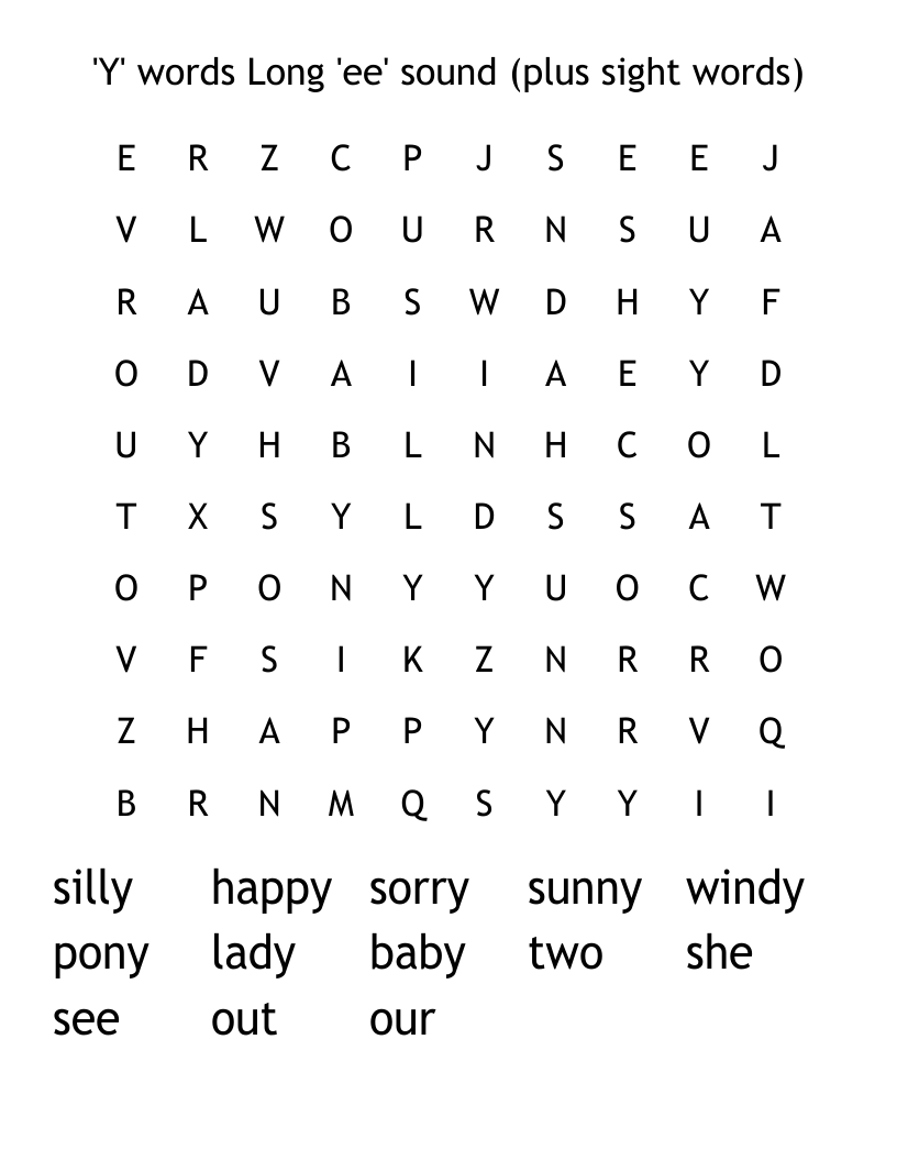 'Y' words Long 'ee' sound (plus sight words) Word Search
