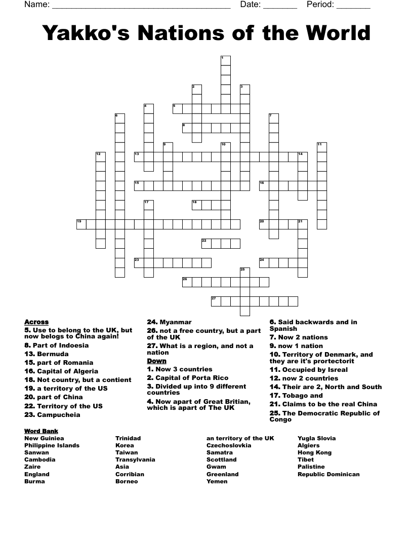 Yakko's Nations of the World Crossword