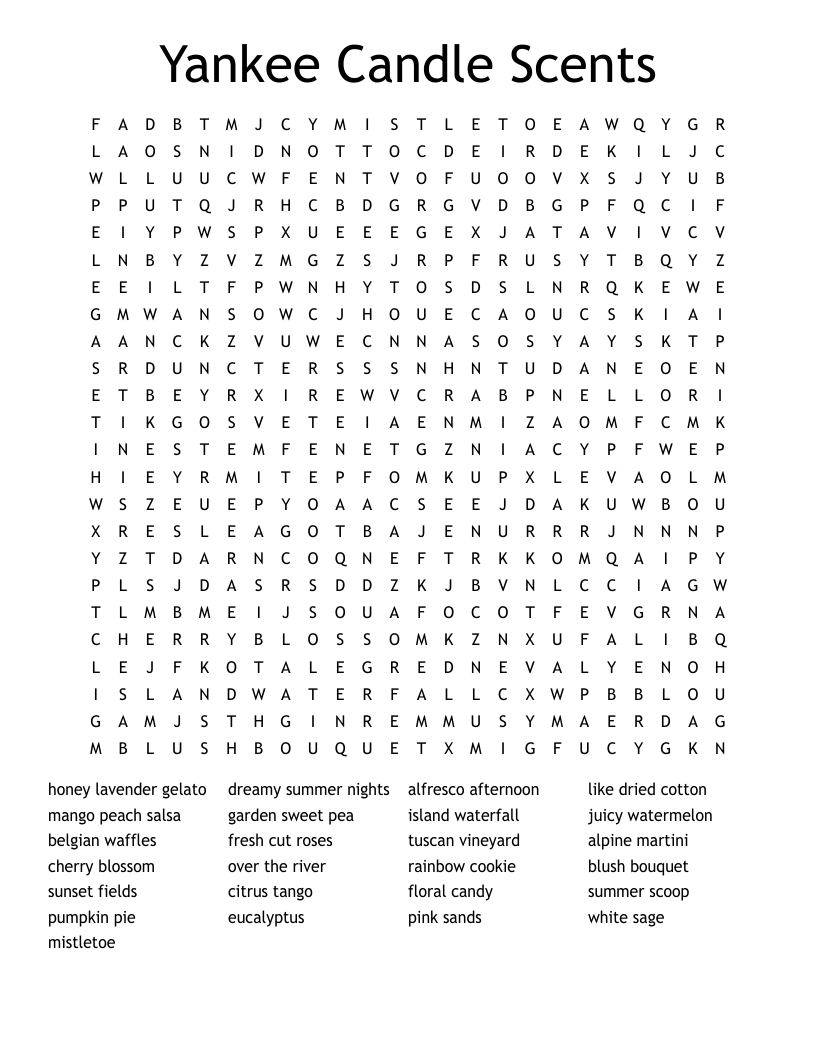 Yankee Candle Scents  Word Search