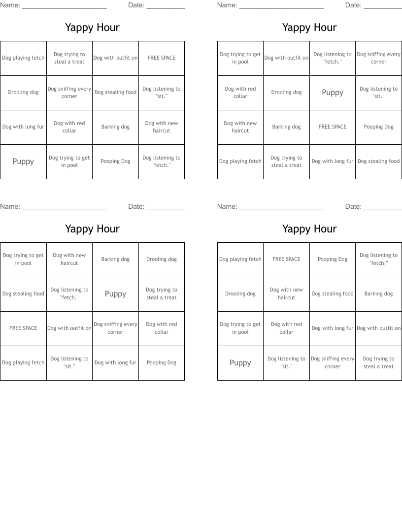 Yappy Hour Bingo Cards