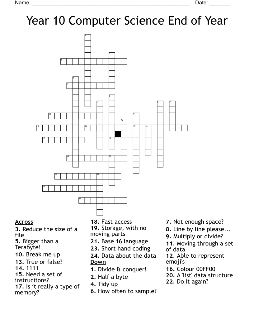 Year 10 Computer Science End of Year Crossword