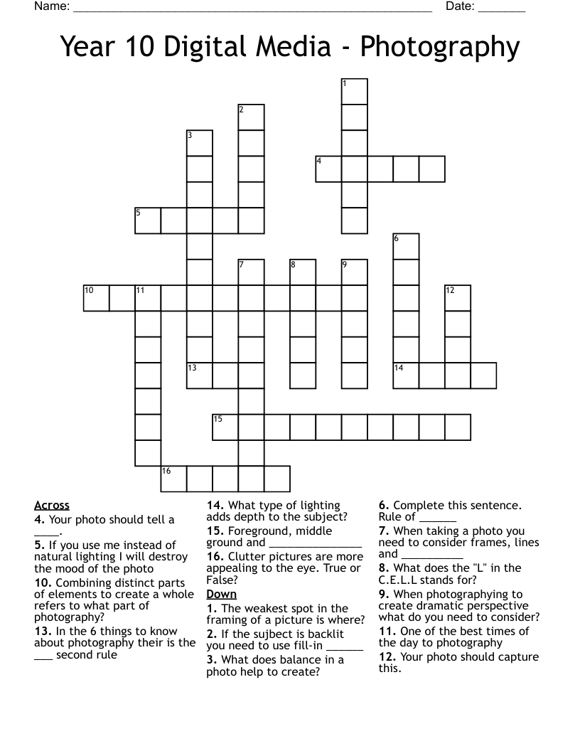Year 10 Digital Media - Photography Crossword