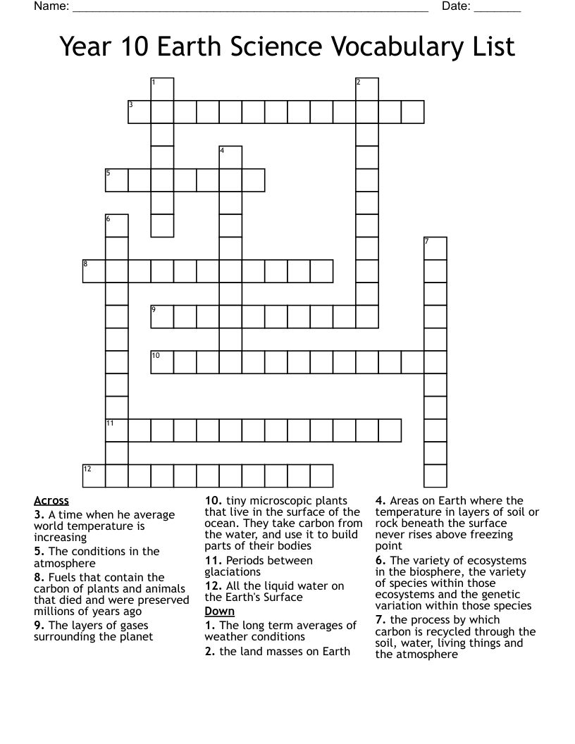 Year 10 Earth Science Vocabulary List Crossword