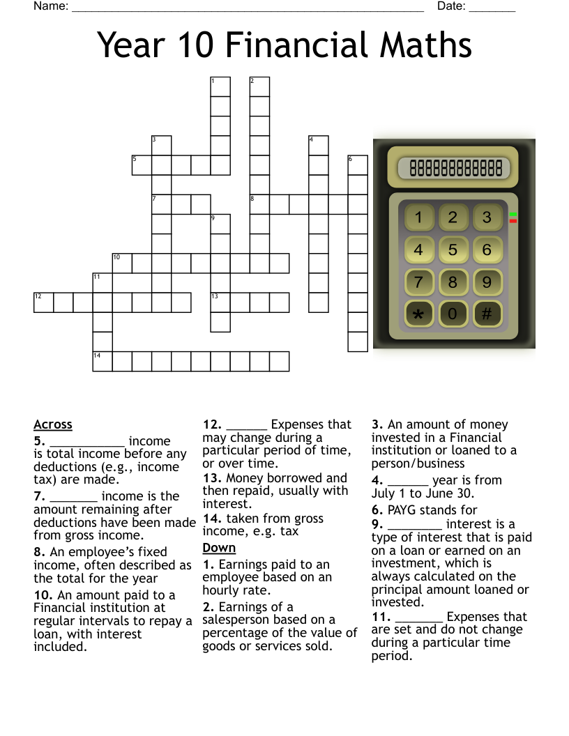 Year 10 Financial Maths Crossword