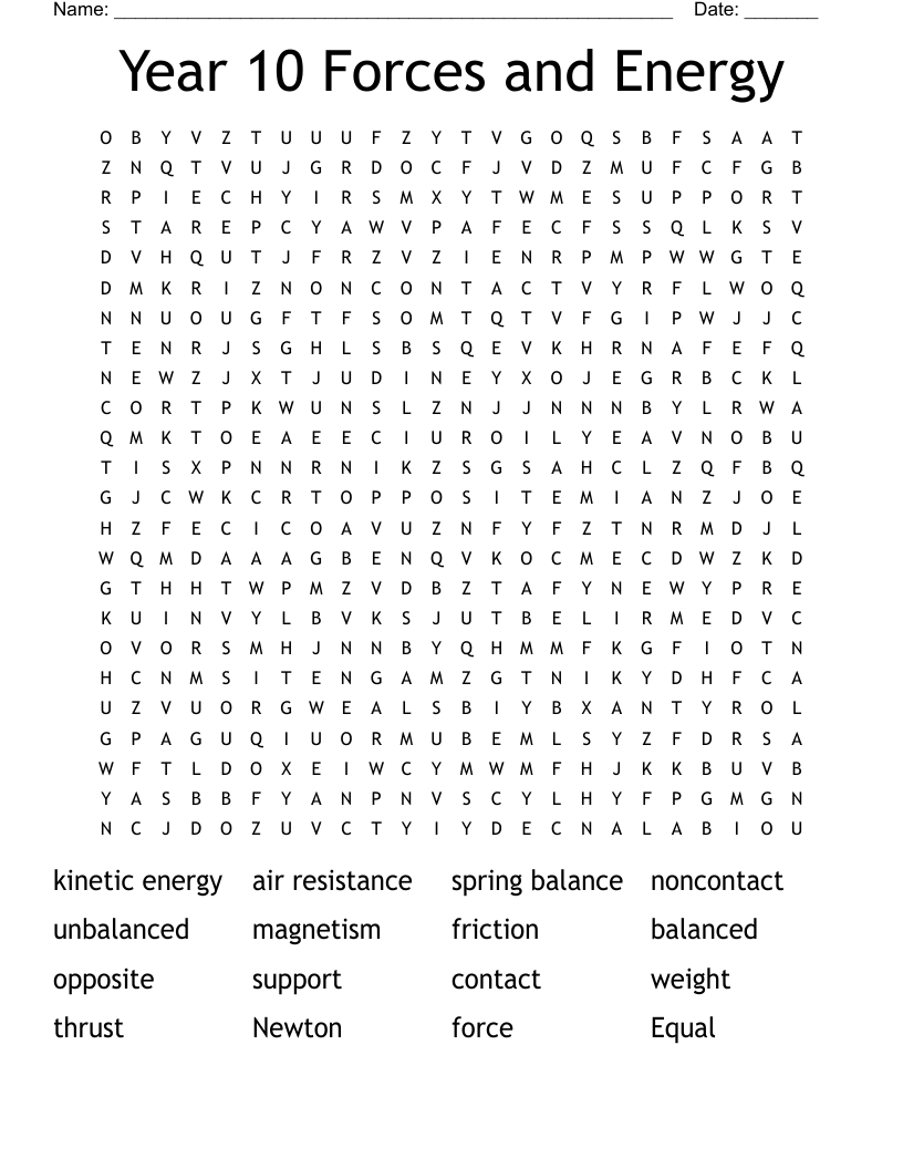 Year 10 Forces and Energy  Word Search