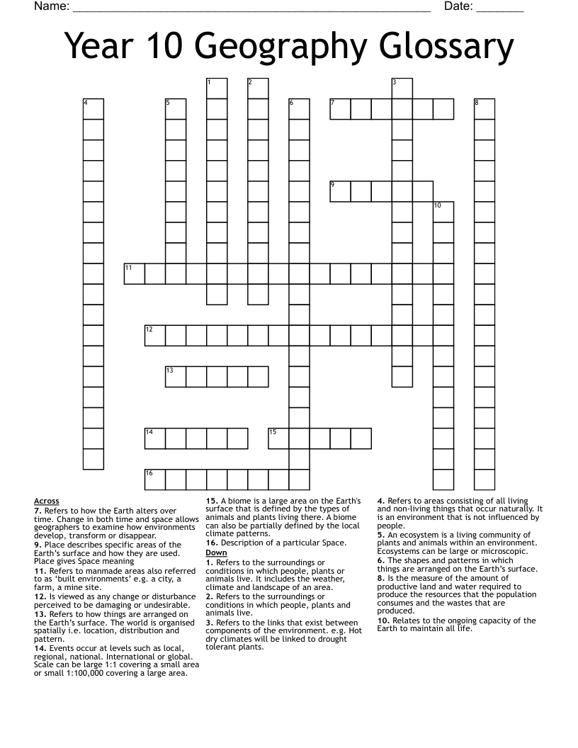 Year 10 Geography Glossary Crossword