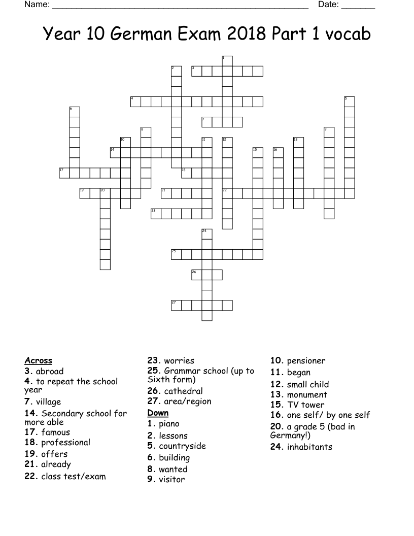 Year 10 German Exam 2018 Part 1 vocab Crossword