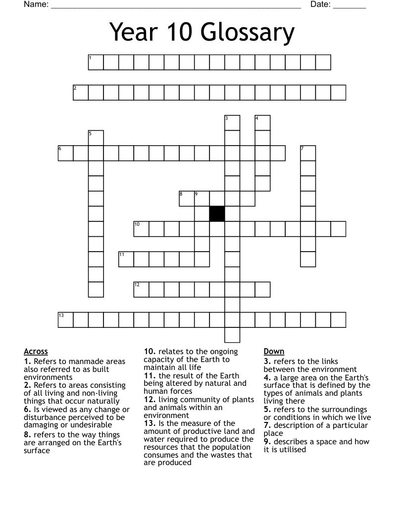 Year 10 Glossary Crossword