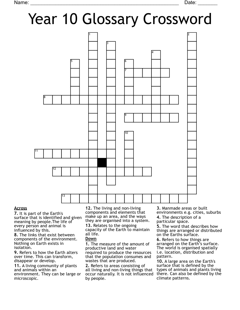 Year 10 Glossary Crossword
