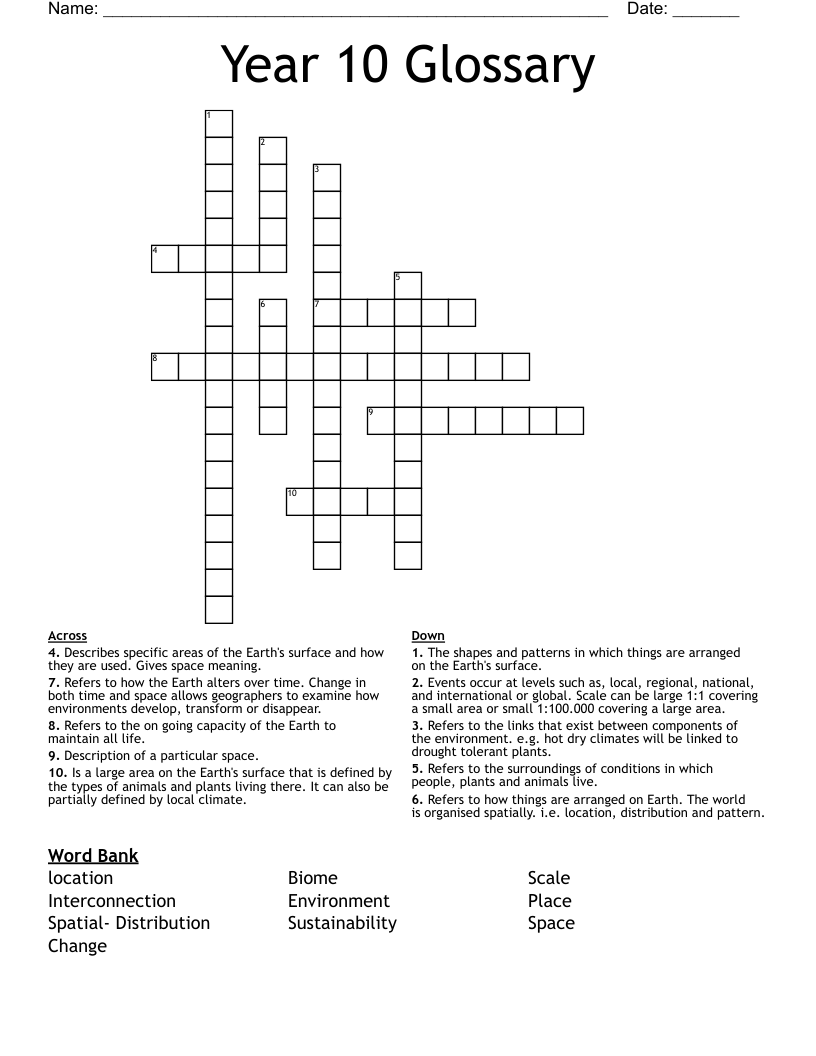 Year 10 Glossary  Crossword