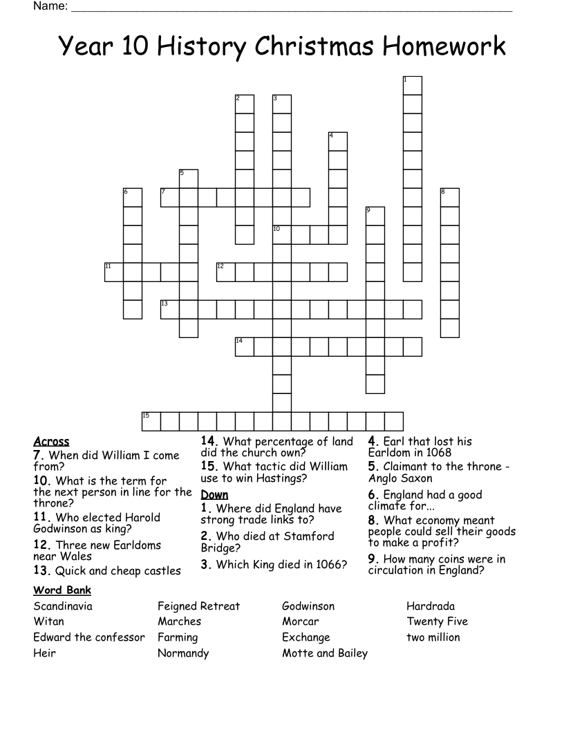 Year 10 History Christmas Homework Crossword