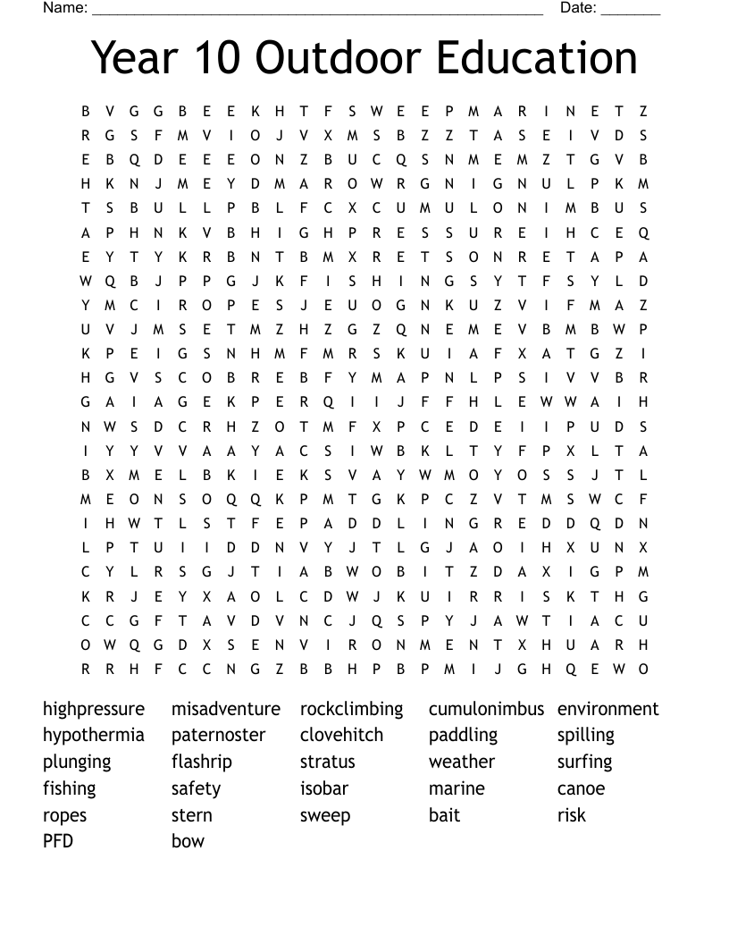 Year 10 Outdoor Education Word Search