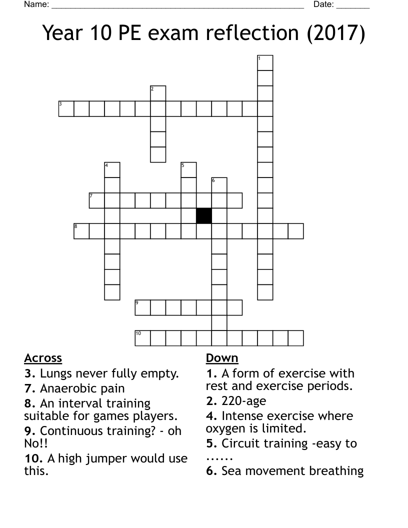 Year 10 PE exam reflection (2017) Crossword