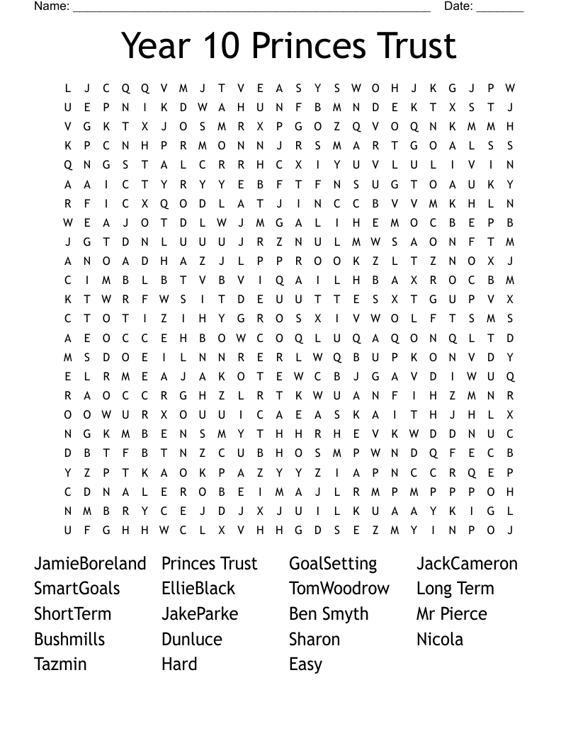 Year 10 Princes Trust Word Search
