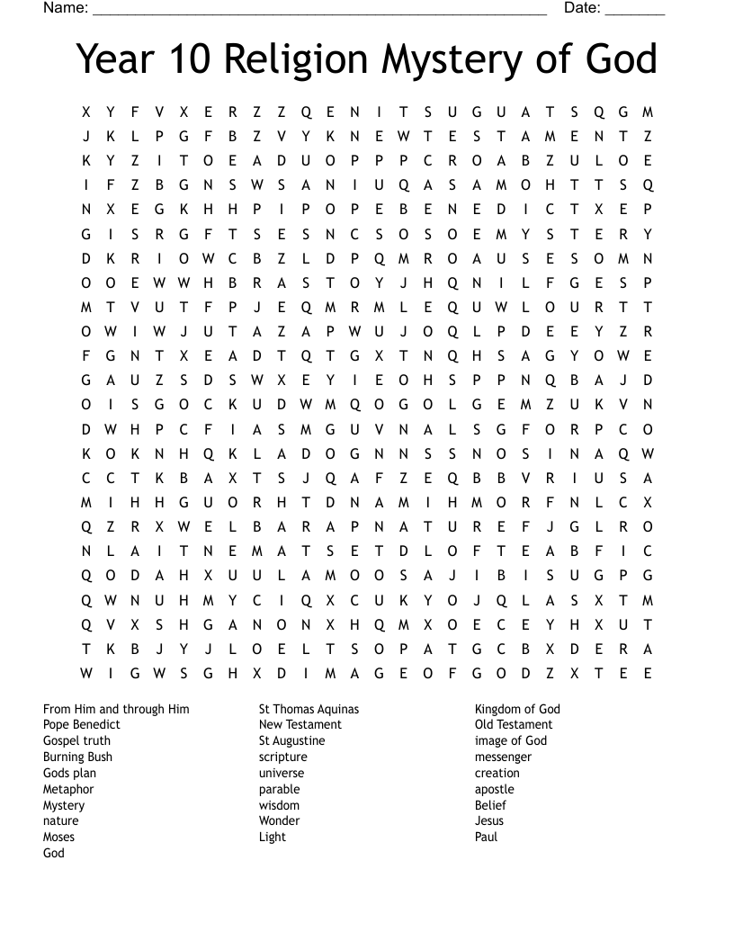 Year 10 Religion Mystery of God Word Search
