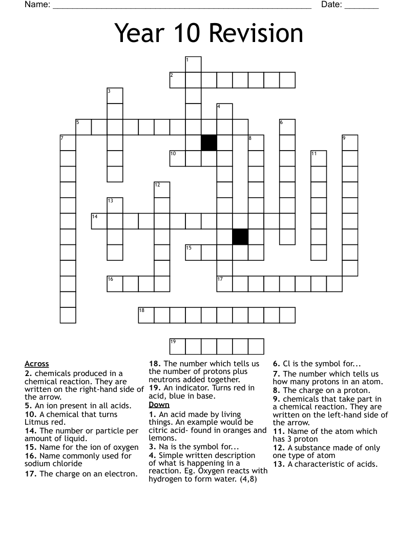 Year 10 Revision Crossword