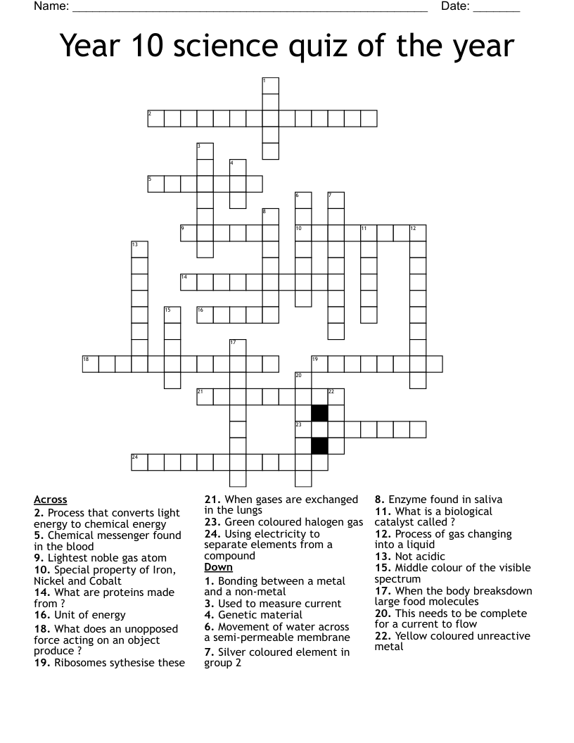 Year 10 science quiz of the year Crossword