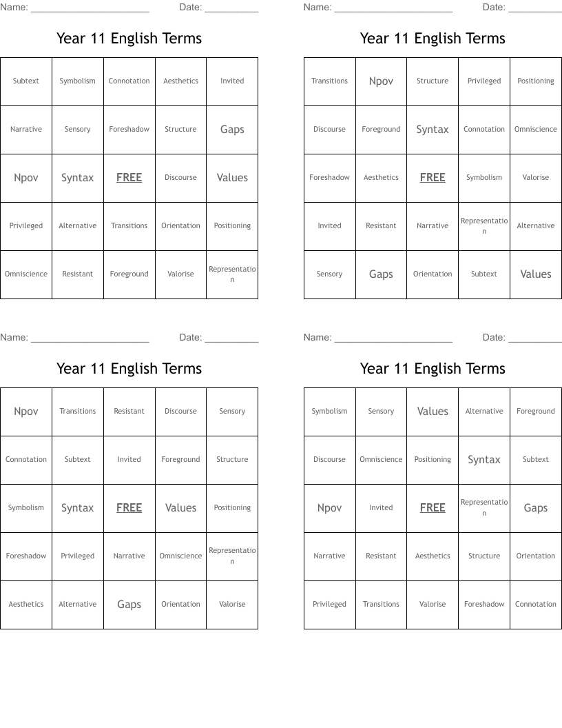 Year 11 English Terms Bingo Cards
