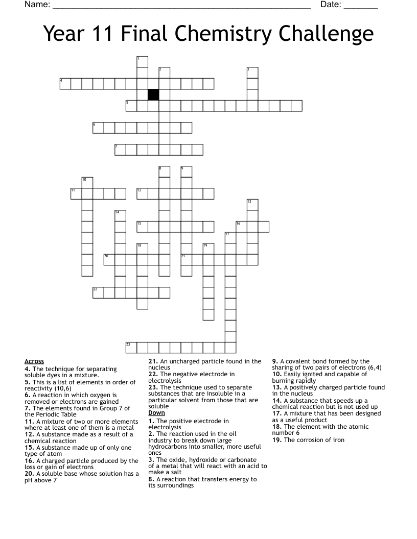 Year 11 Final Chemistry Challenge Crossword