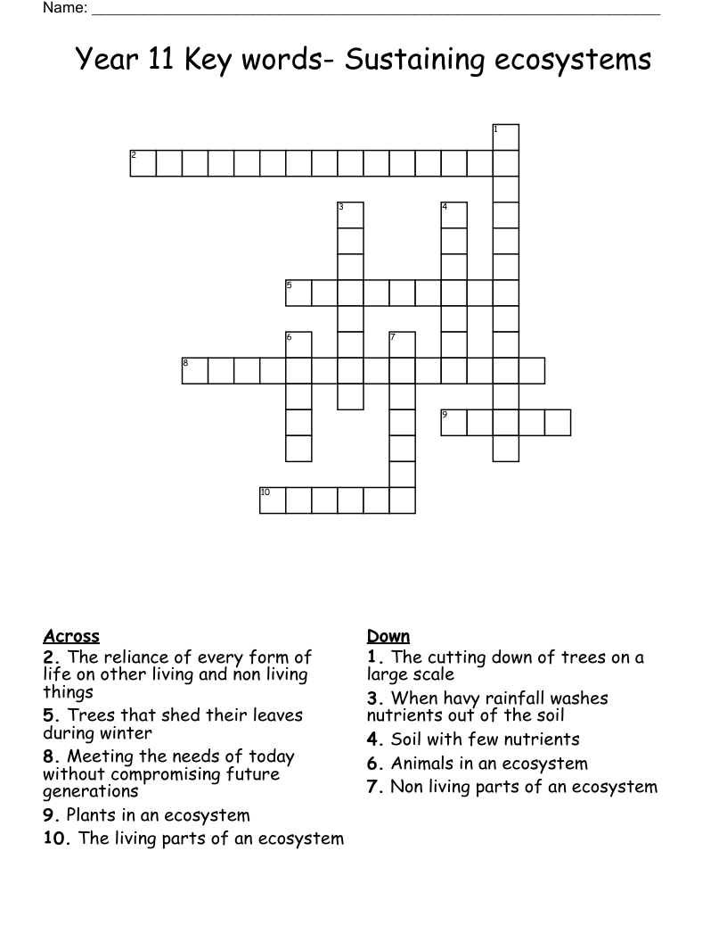 Year 11 Key words- Sustaining ecosystems Crossword