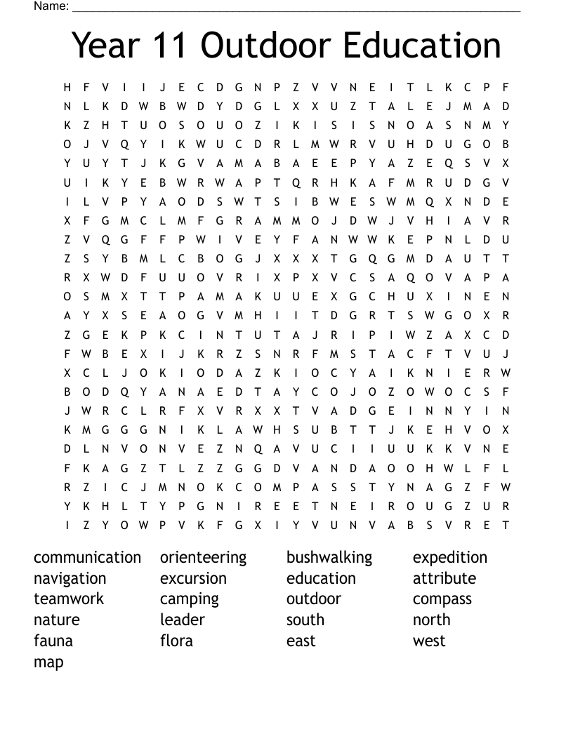 Year 11 Outdoor Education Word Search