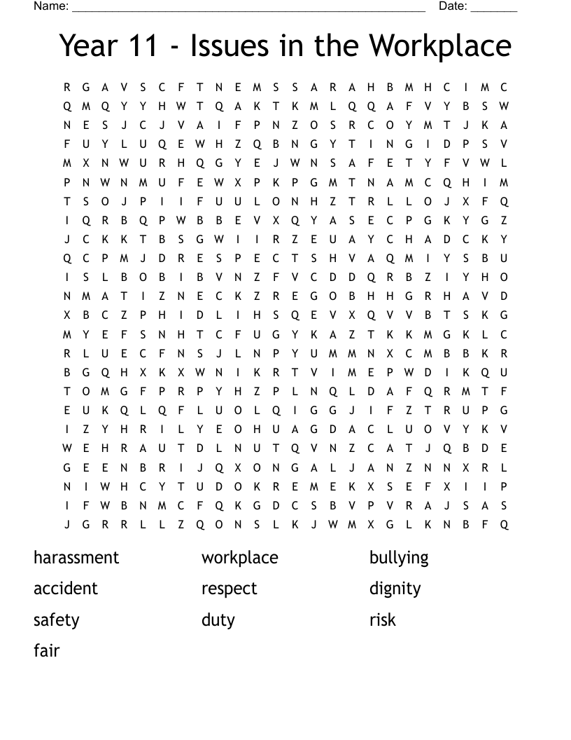 Year 11 - Issues in the Workplace Word Search