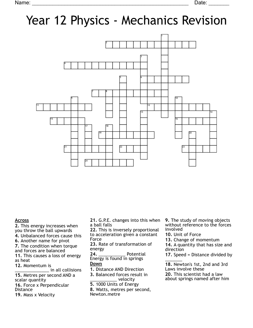 Year 12 Physics - Mechanics Revision Crossword