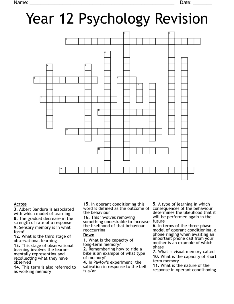 Year 12 Psychology Revision Crossword