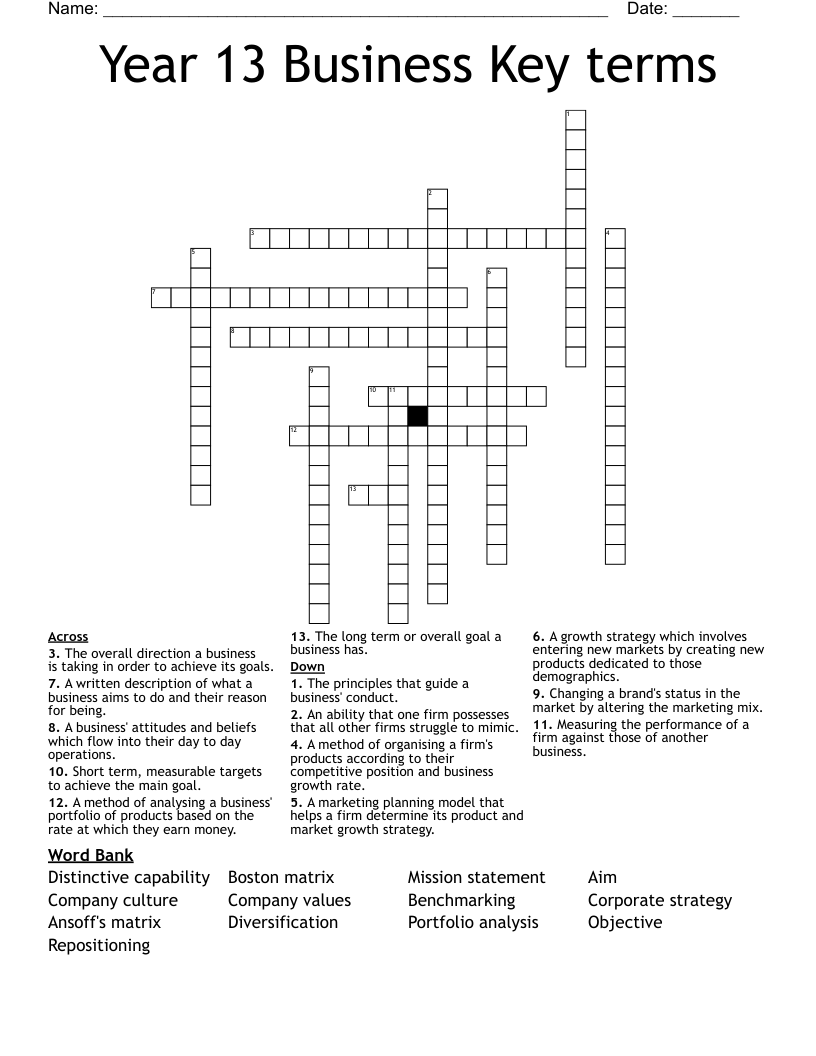 Year 13 Business Key terms Crossword