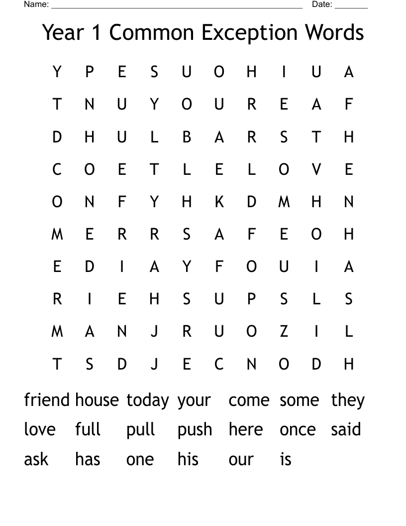 Year 1 Common Exception Words Word Search