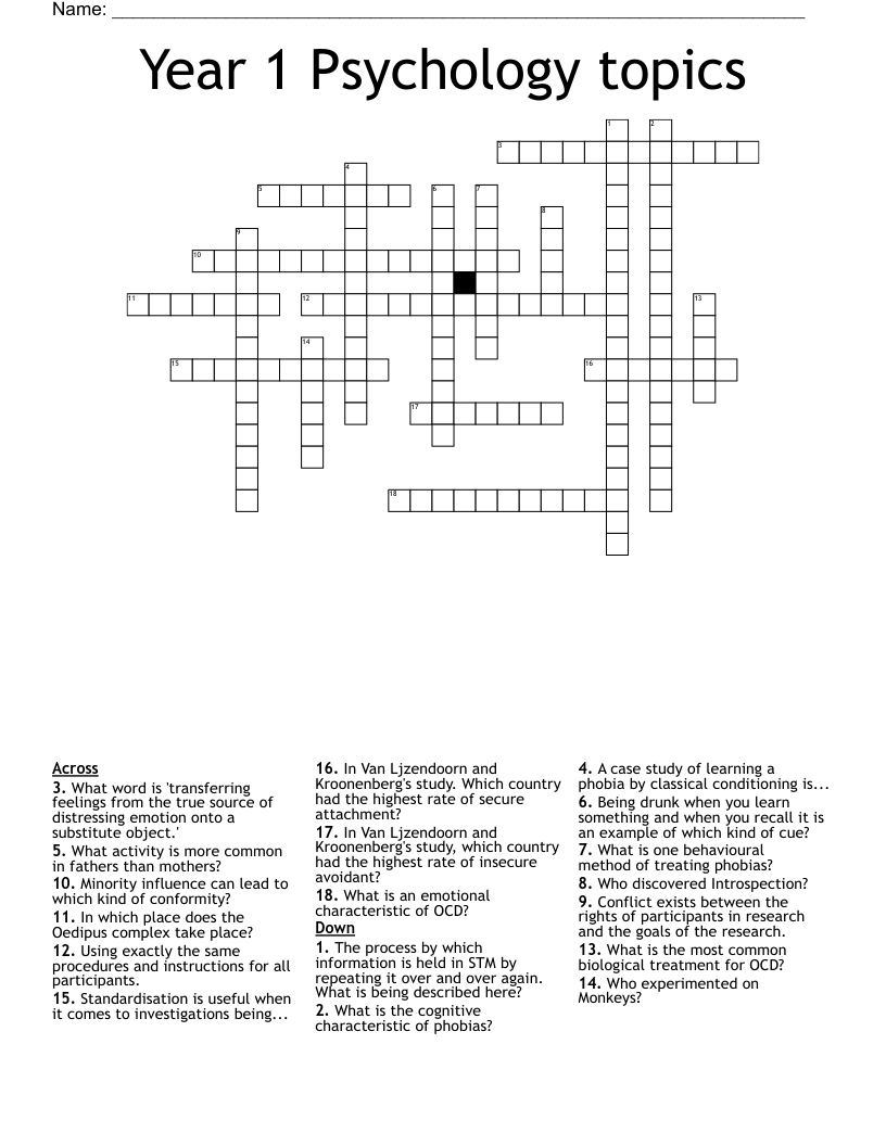 Year 1 Psychology topics  Crossword