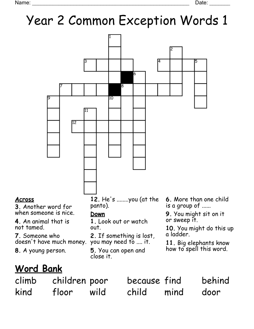 Year 2 Common Exception Words 1 Crossword