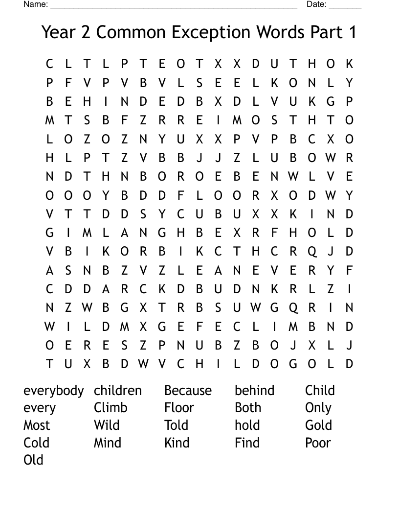 Year 2 Common Exception Words Part 1 Word Search