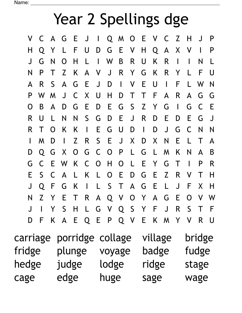 Year 2 Spellings dge Word Search