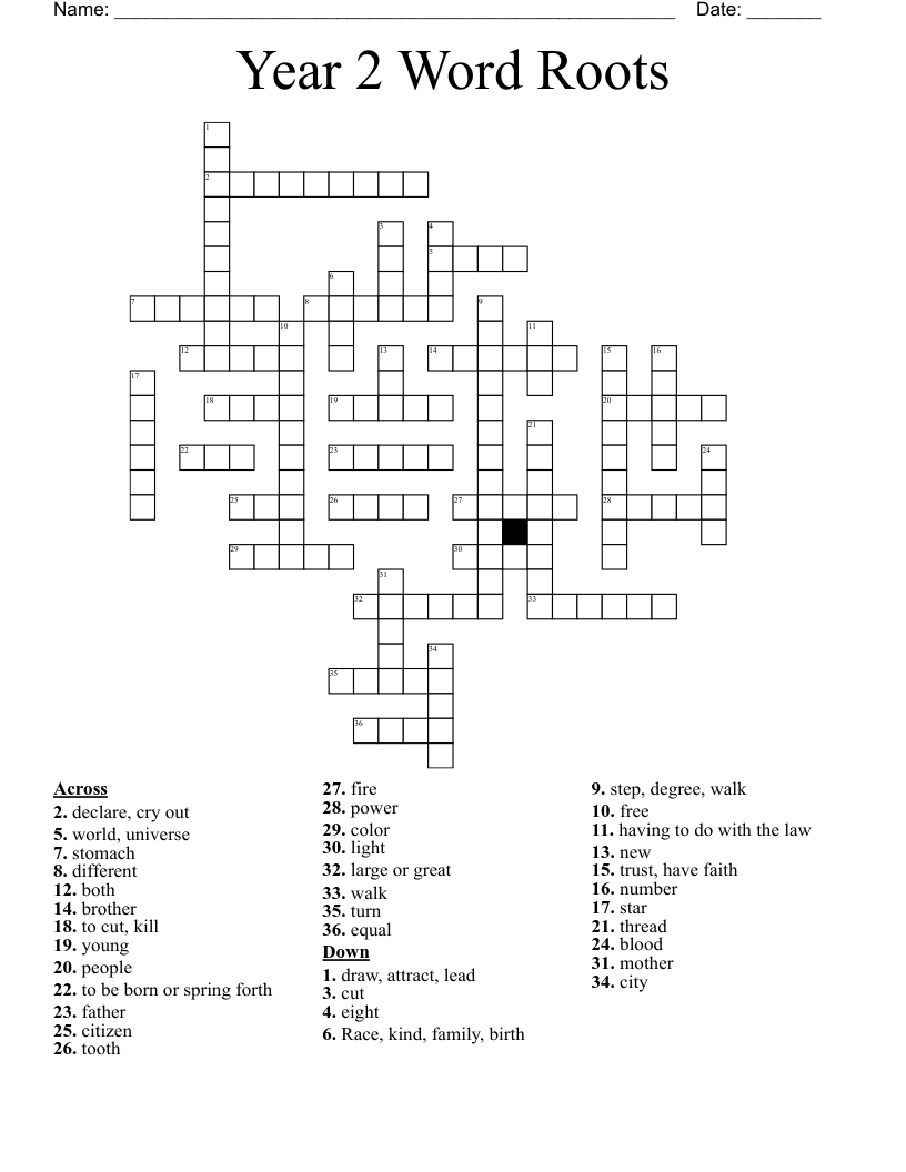 Year 2 Word Roots Crossword