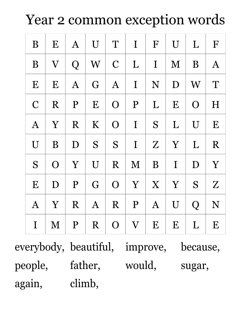 Year 2 common exception words Word Search
