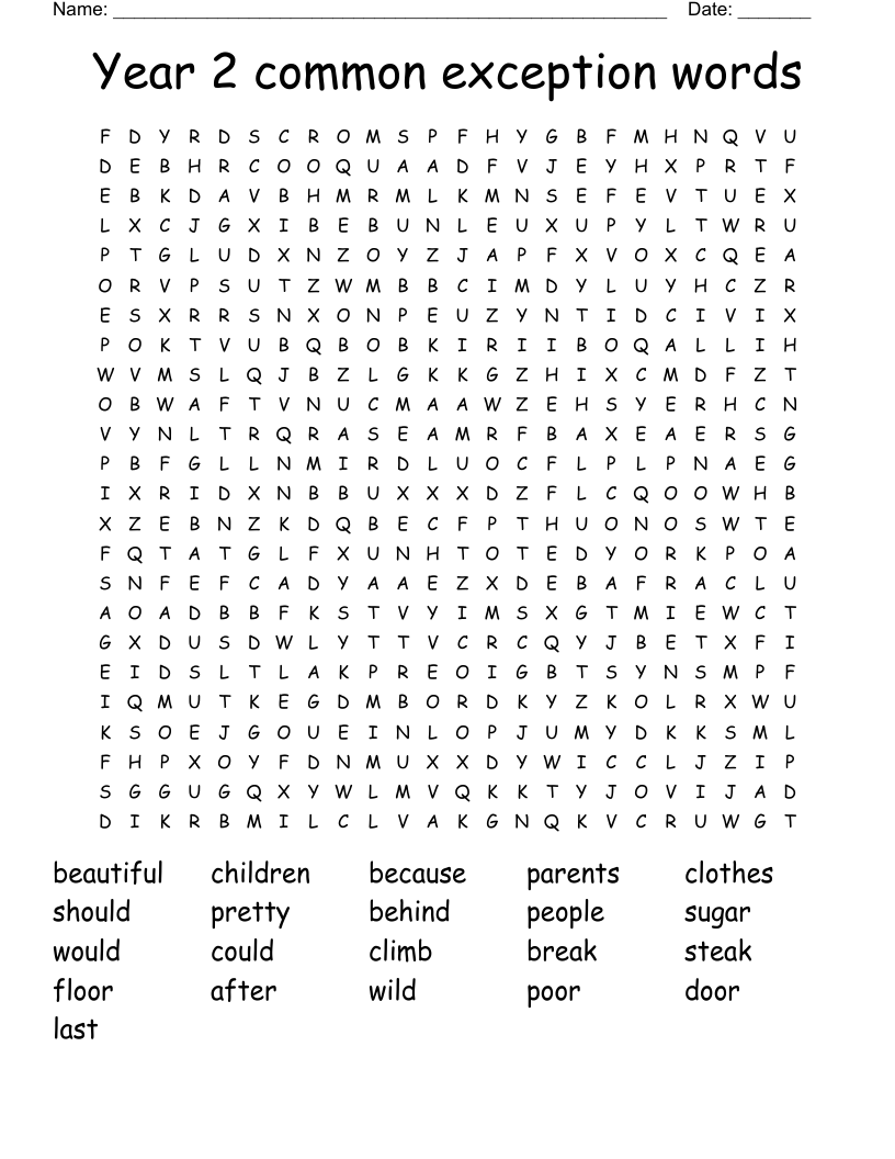Year 2 common exception words Word Search