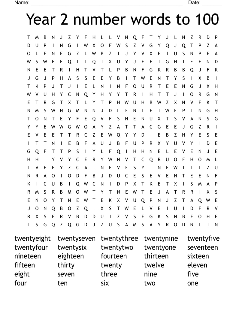 Year 2 number words to 100 Word Search