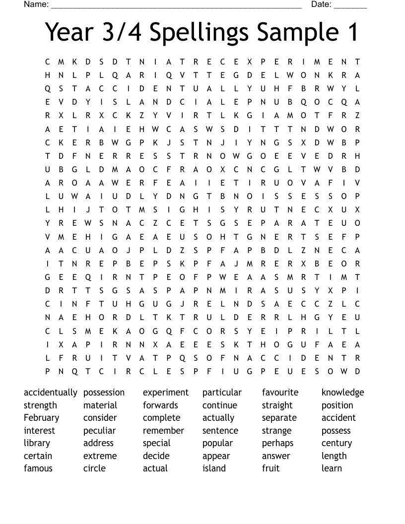 Year 3/4 Spellings Sample 1 Word Search