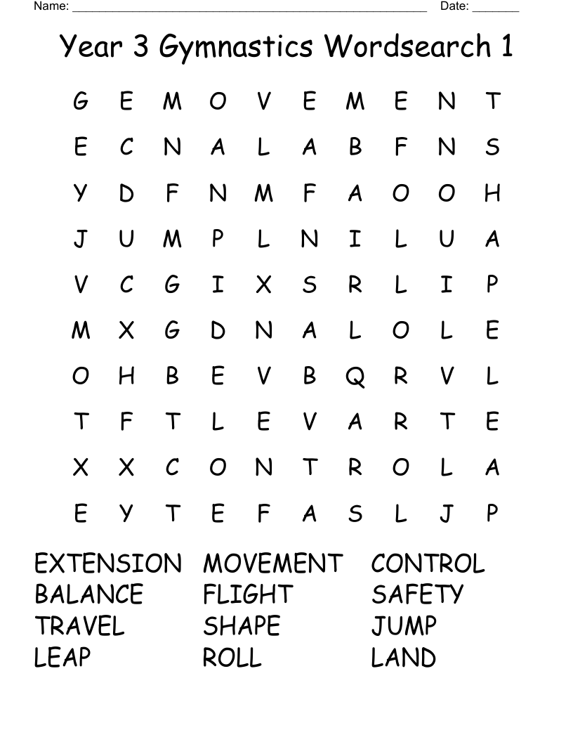 Year 3 Gymnastics Wordsearch 1
