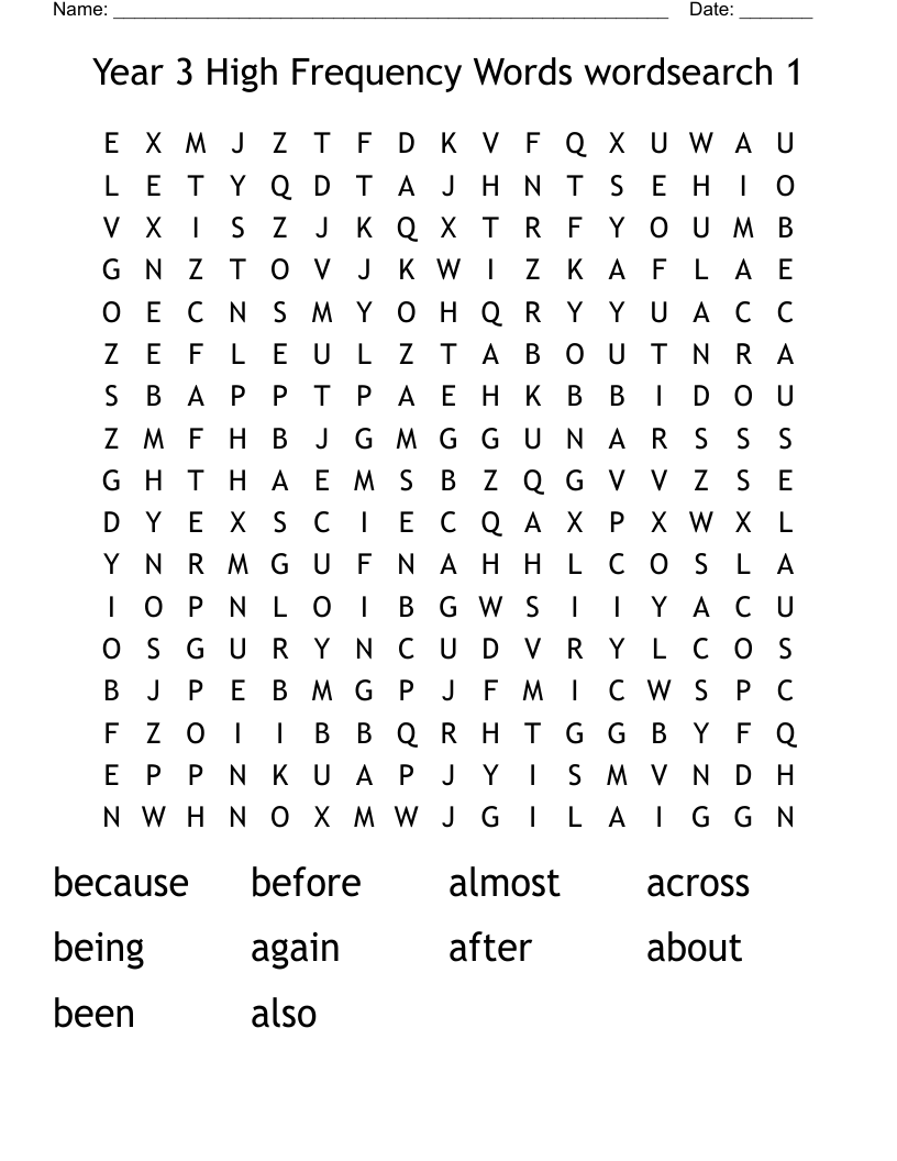 Year 3 High Frequency Words wordsearch 1