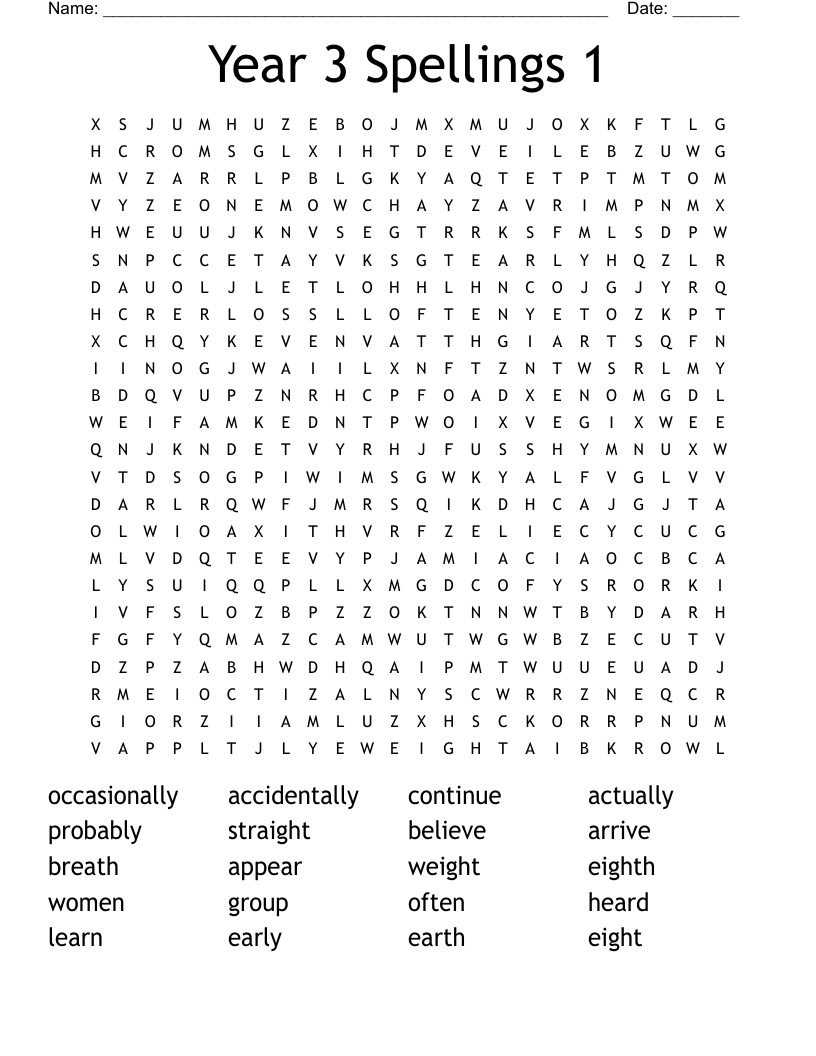 Year 3 Spellings 1 Word Search